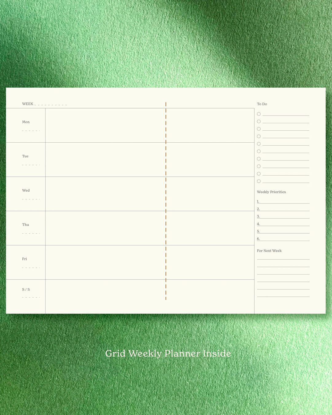 planner built around a horizontal grid layout, giving structure without locking the page. Each spread balances planning and open space, with enough room to map the week while keeping things visually light.