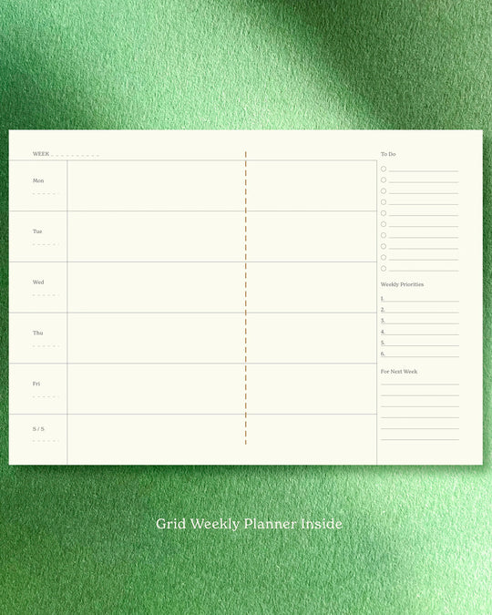 planner built around a horizontal grid layout, giving structure without locking the page. Each spread balances planning and open space, with enough room to map the week while keeping things visually light.
