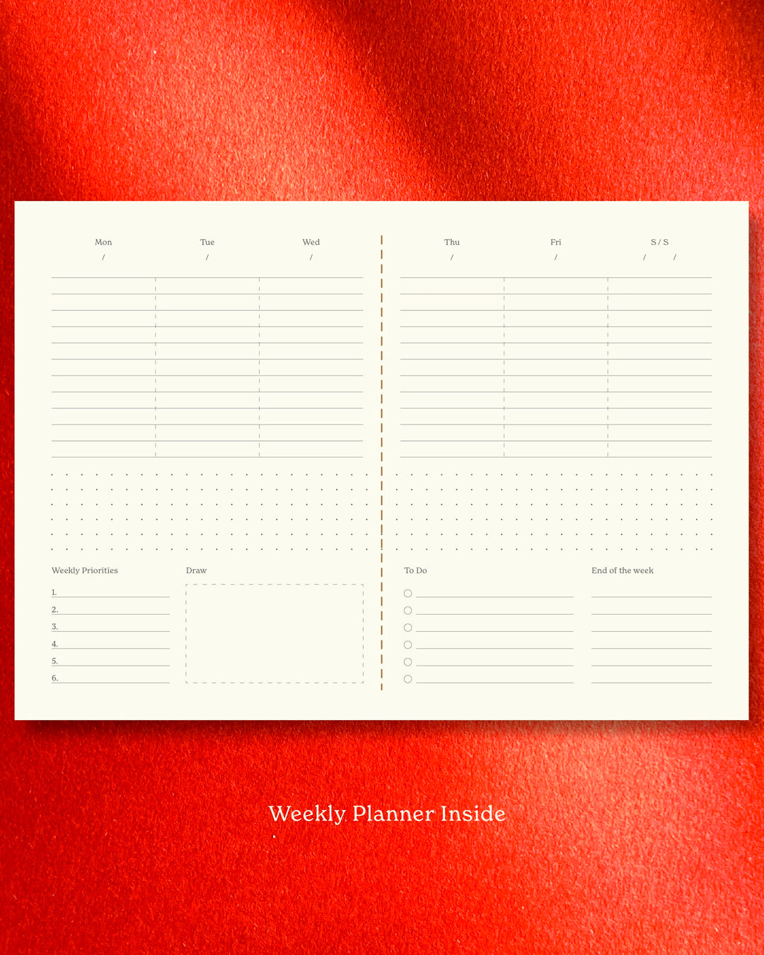 planner built around a horizontal grid layout, giving structure without locking the page. Each spread balances planning and open space, with enough room to map the week while keeping things visually light.