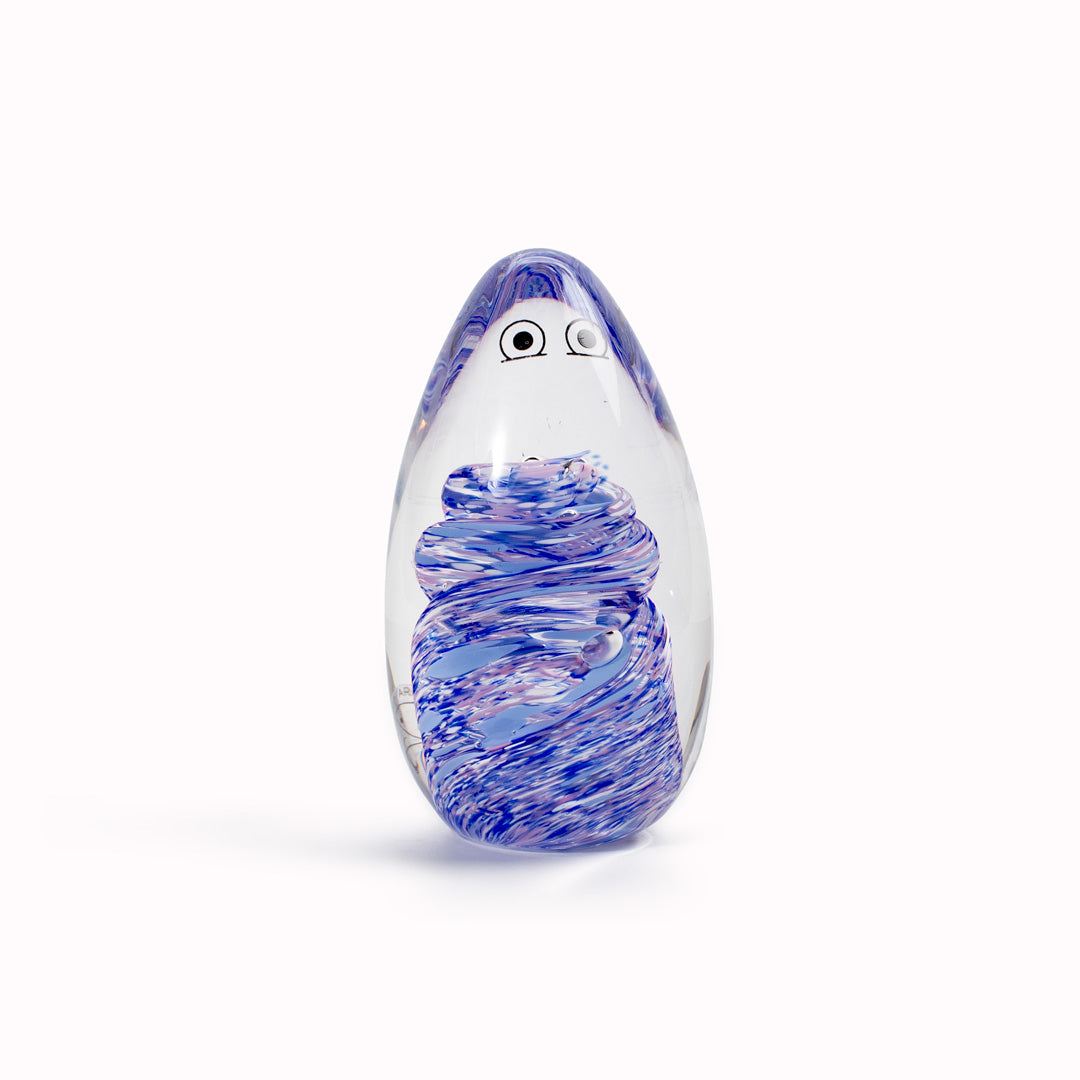 Totem Crystal Blob is formed by dipping and/or rolling molten (hot!) clear glass into smaller chunks of brightly coloured glass droplets,