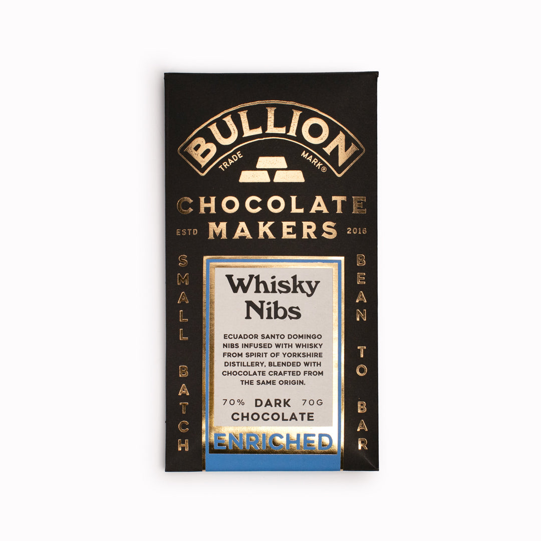 The Whisky Nib Bar from Bullion contains Ecuadorean Santo Domingo nibs infused with whisky from Spirit of Yorkshire Distillery, blended with chocolate crafted from the same origin.