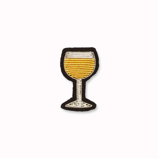 Hand-embroidered White Wine Glass lapel pin by Parisian fashion accessory brand Macon et Lesquoy.