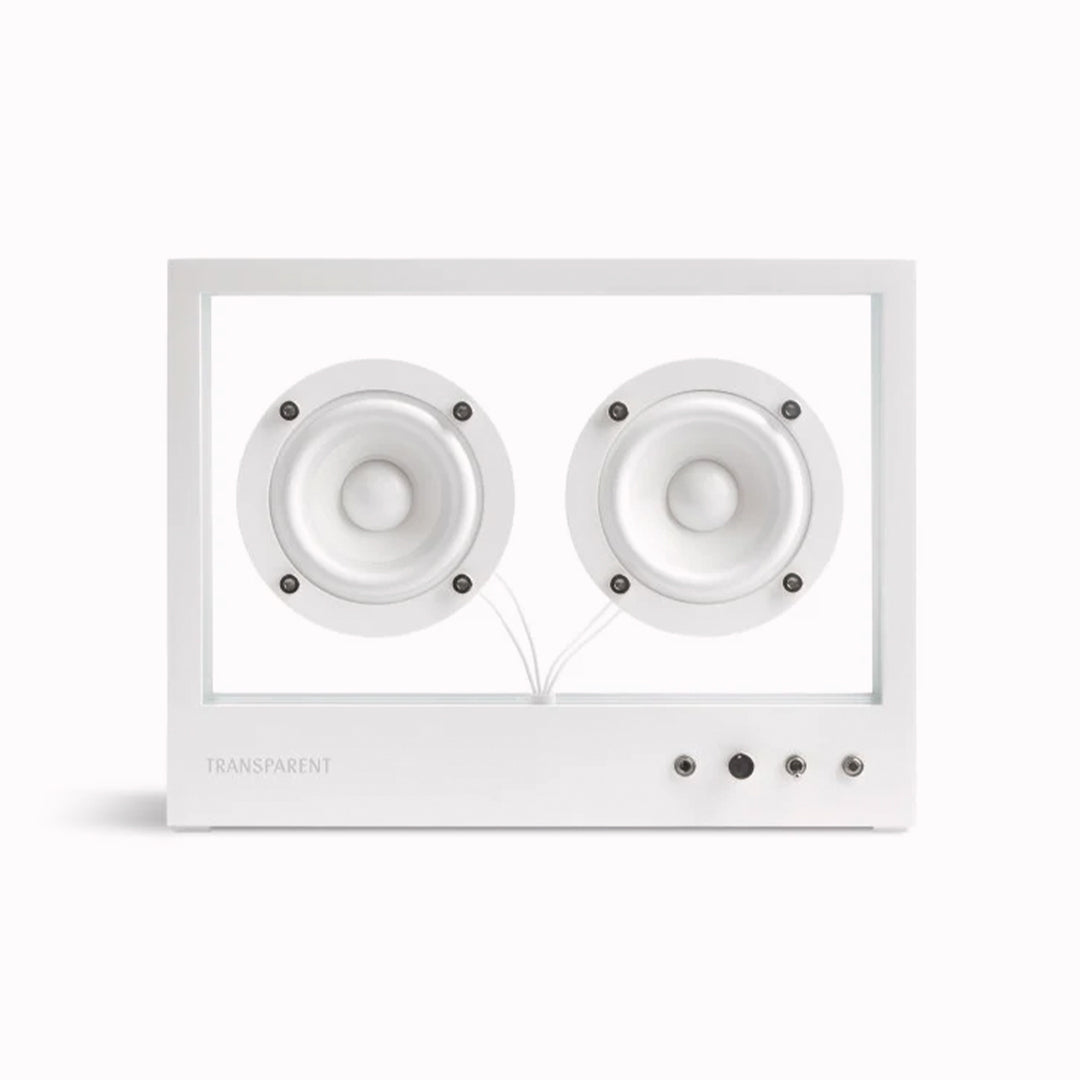 The Transparent Small Transparent Speaker in white is a compact Bluetooth speaker built with the same thinking as good furniture — minimal, functional and made to last.