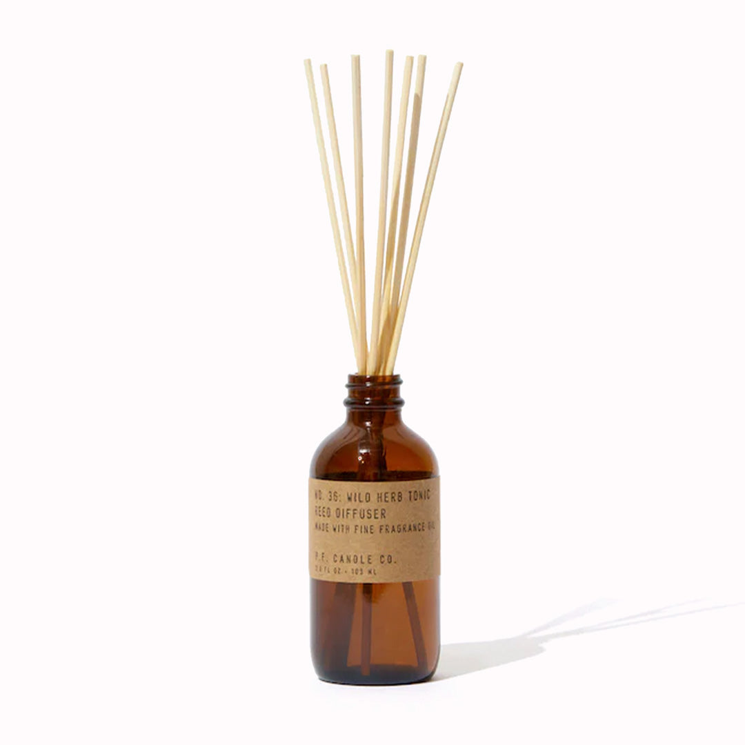 P.F. Candle Co Reed Diffusers are supplied in apothecary-inspired amber glass bottles with their signature kraft label and rattan reeds. Reed diffusers are a low-maintenance scent that lasts all day long