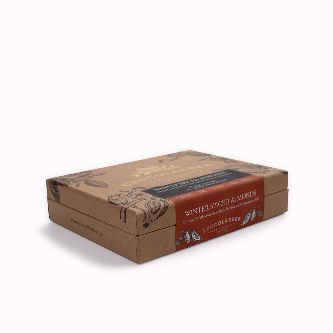 Italian almonds richly coated with 72% dark chocolate from Peru and rolled in cocoa and cinnamon, by award winning craft chocolate maker, Chocolarder. 