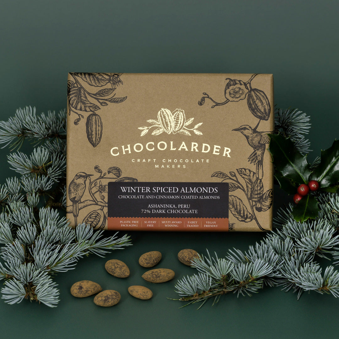 Italian almonds richly coated with 72% dark chocolate from Peru and rolled in cocoa and cinnamon, by award winning craft chocolate maker, Chocolarder. 