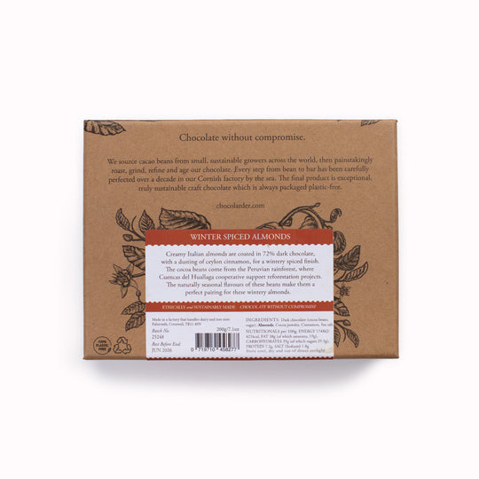 Italian almonds richly coated with 72% dark chocolate from Peru and rolled in cocoa and cinnamon, by award winning craft chocolate maker, Chocolarder. 