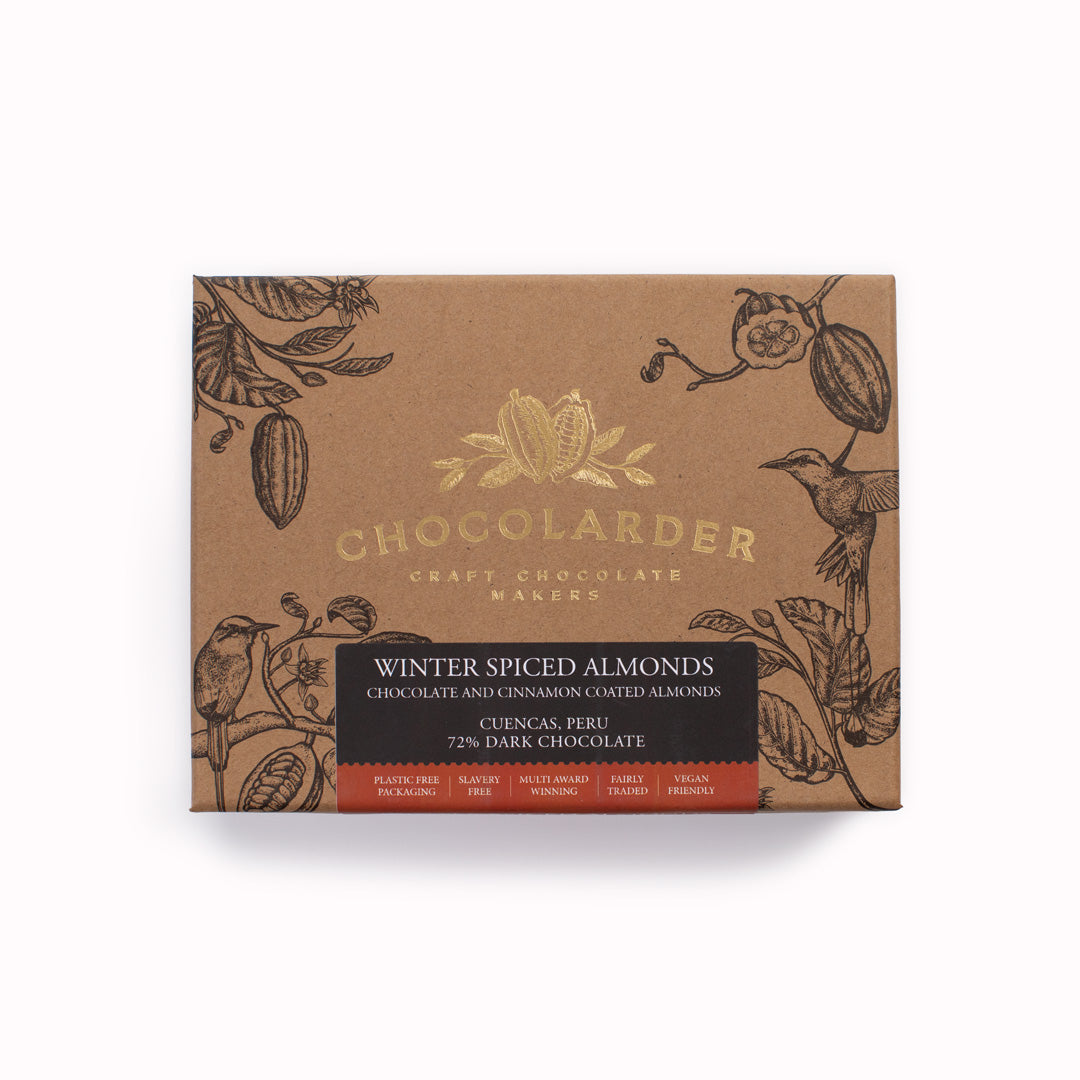 Italian almonds richly coated with 72% dark chocolate from Peru and rolled in cocoa and cinnamon, by award winning craft chocolate maker, Chocolarder. 