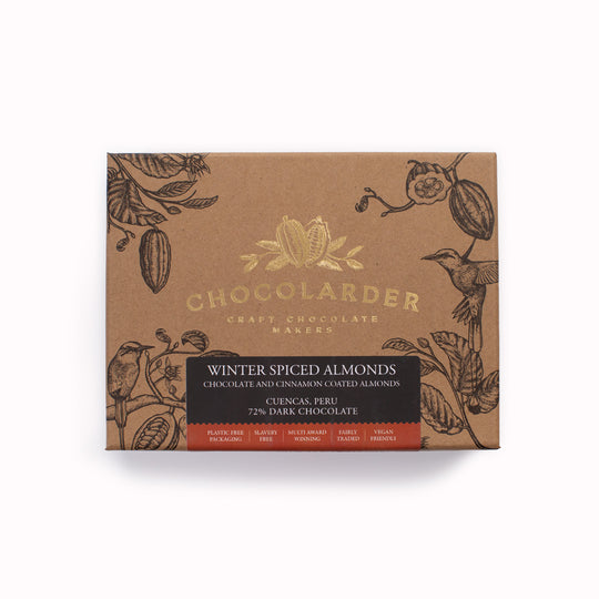 Italian almonds richly coated with 72% dark chocolate from Peru and rolled in cocoa and cinnamon, by award winning craft chocolate maker, Chocolarder. 