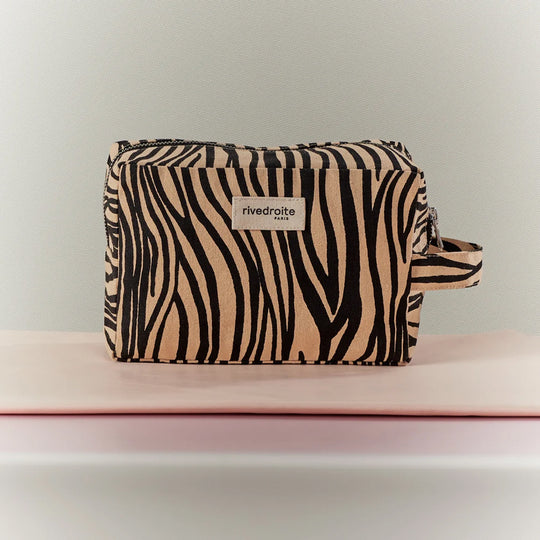 Tournelles XL Wash Bag in Zebra print is from Parisian brand Rive Droite's Wild Tribe collection. A large sized toiletries, make up or wash bag made from recycled cotton. Lifestyle
