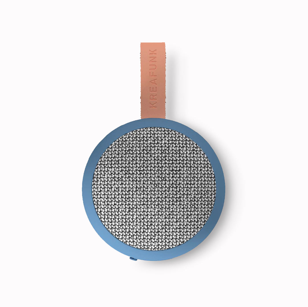 aGo-2-Fabric bluetooth speaker in River Blue colour. Top Down photo on white by KREAFUNK