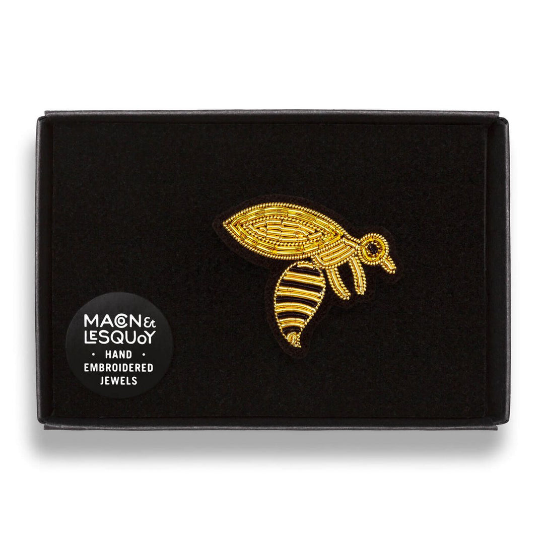 In Presentation Box. Hand embroidered Bee decorative lapel pin by Paris based Macon et Lesquoy - personalise your favourite garments to define your individual style.  