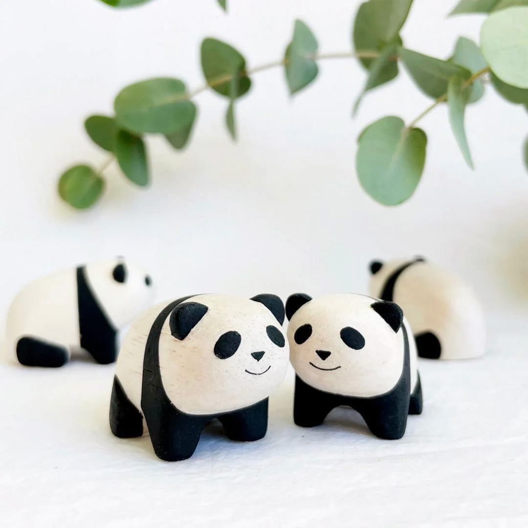Collection of Handmade wooden Baby Pandas from the Pole Pole collection by Japanese brand T-Lab.