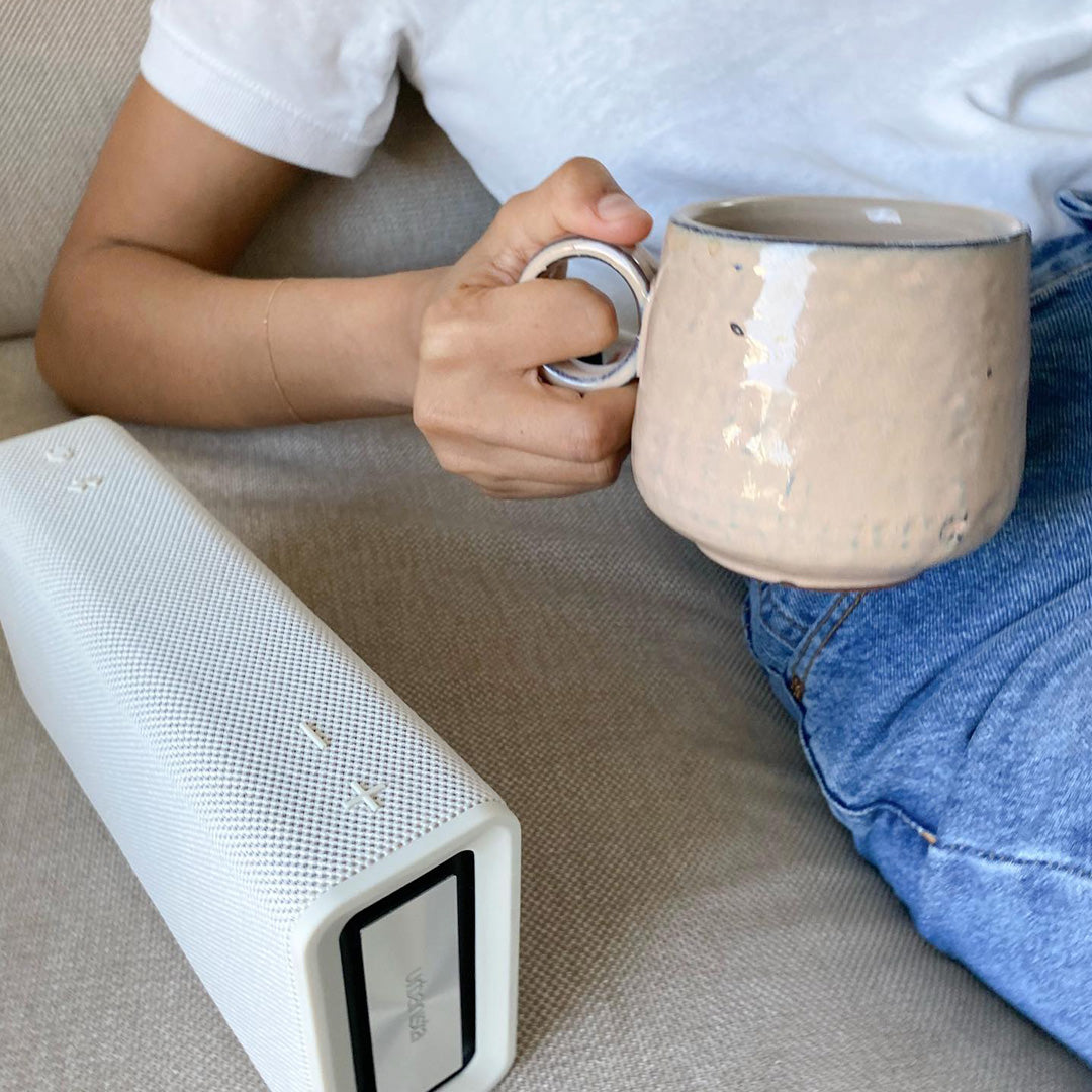 White Mist Bluetooth travel speaker lifestyle from Urbanista. Like all Urbanista products it has a stripped back and minimal aesthetic so perfect for the style conscious.