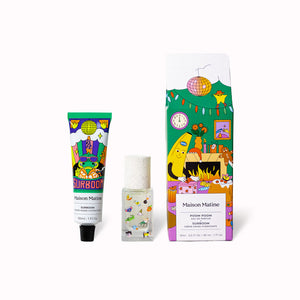 The Christmas Coffret is a beautifully illustrative 15ml glass bottle of Poom Poom perfume and a 30ml aluminium tube of Surboom hand cream (inspired by the Poom Poom fragrance), packaged together in a graphic festive box featuring a polar bear and a banana having a Christmas celebration.