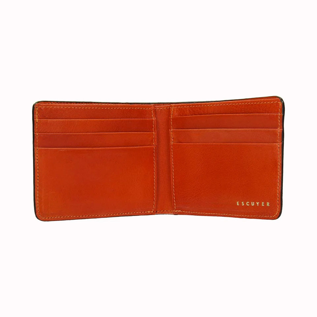 Classic Cognac and Orange leather wallet from Escuyer, featuring a rich brown toned leather on the outside, with orange leather interior.