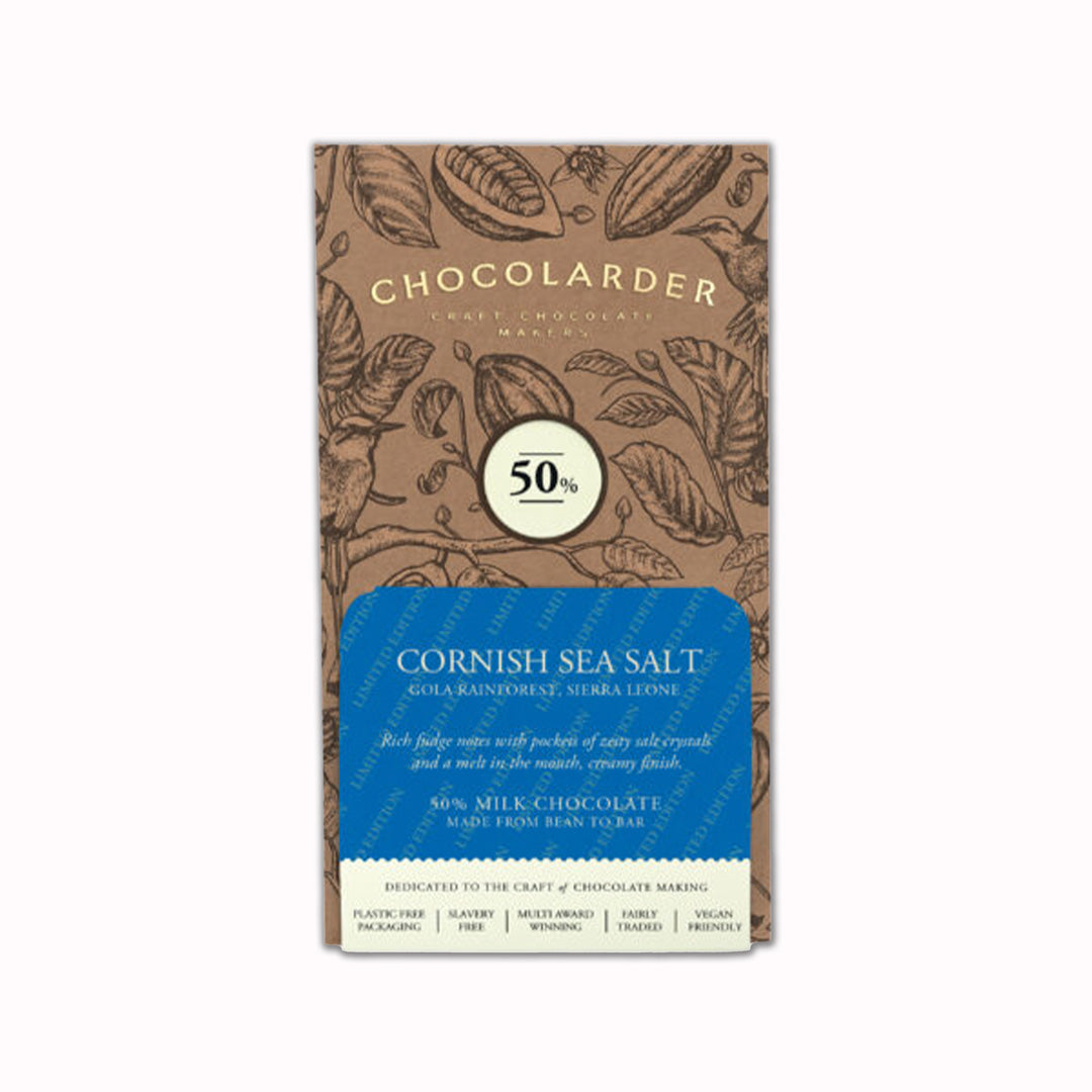 Cornish Sea Salt 50% Milk Chocolate Bar is a Limited Edition bean to bar craft chocolate from the award winning Chocolarder team
