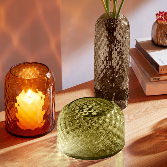 Dapple Vase Collection - Perfect for low floral arrangements but can equally be used as candle lantern where the textured surface creates a patterned glow in a room.