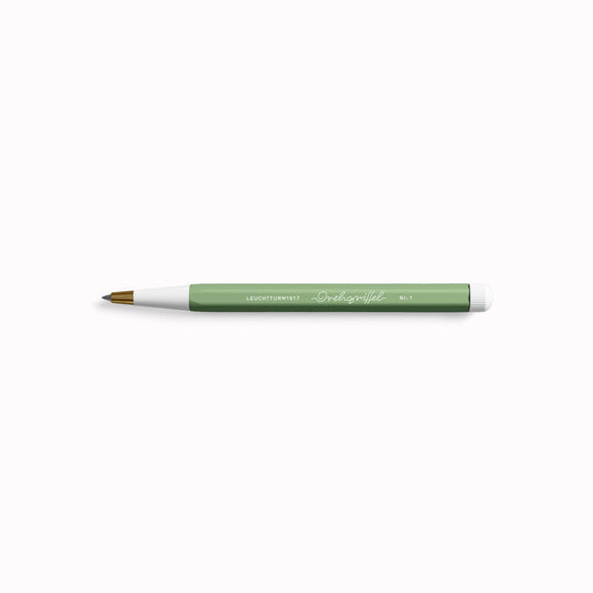 Sage Drehgriffel Nr. 1. Inspired by the design dating back to the 1920s, the hexagon-shaped barrel of the Drehgriffel Nr. 1 pen and the tapered tip which, along with the twist button, come in a contrasting colour to the barrel, makes for a striking statement. It is comfortable to hold and the design has won several awards. A homage to the art of writing.