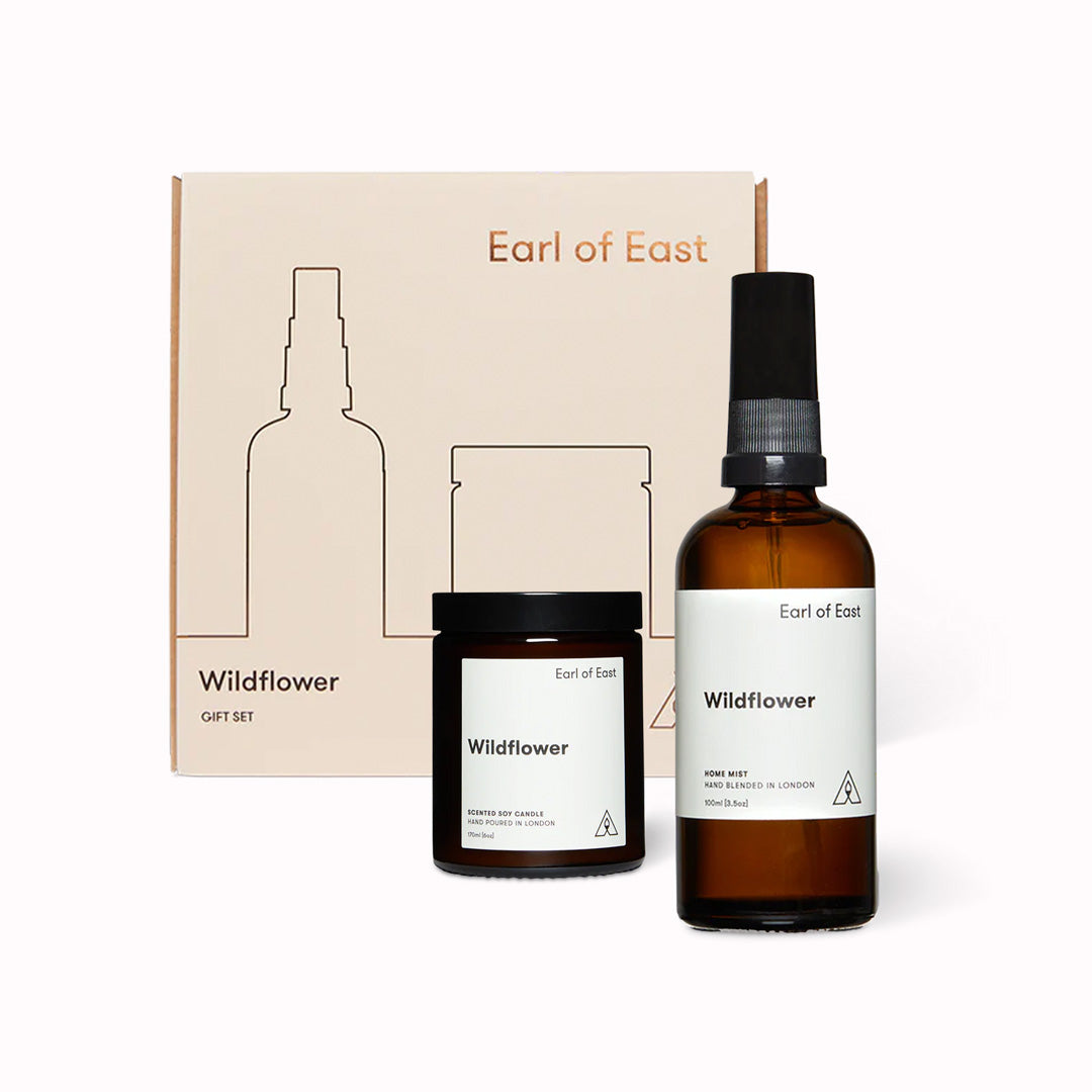 Wildflower Duo Gift Set from Earl of East includes a 170ml Candle and a 100ml Home Mist Room Spray, 100% soy wax and natural wicks of unbleached cotton/linen in the candle. Scented exclusively with ethical, fully traceable essential oils and botanical oils, these vegan, cruelty-free, phthalate-free, and GMO-free products come with a minimalist amber glass jar and bottle, giving you 35-40 hours of burn time.