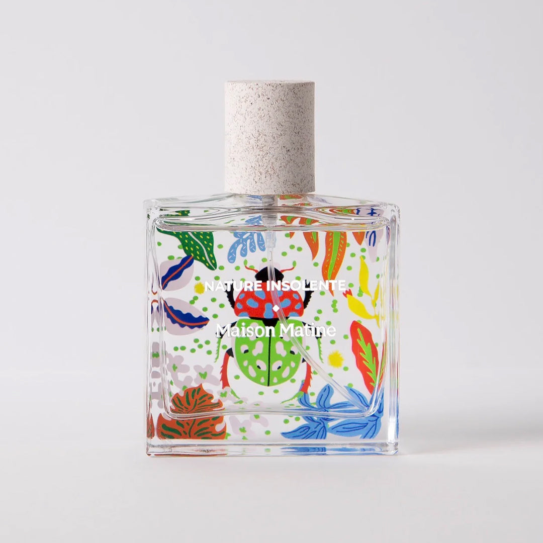 Maison Matine's 'Nature Insolente' is a scent inspired by nature itself. It's summery and fresh with a distinct citrus and floral combination. 50ml bottle with illustration of brightly coloured beetle and leaves shown.