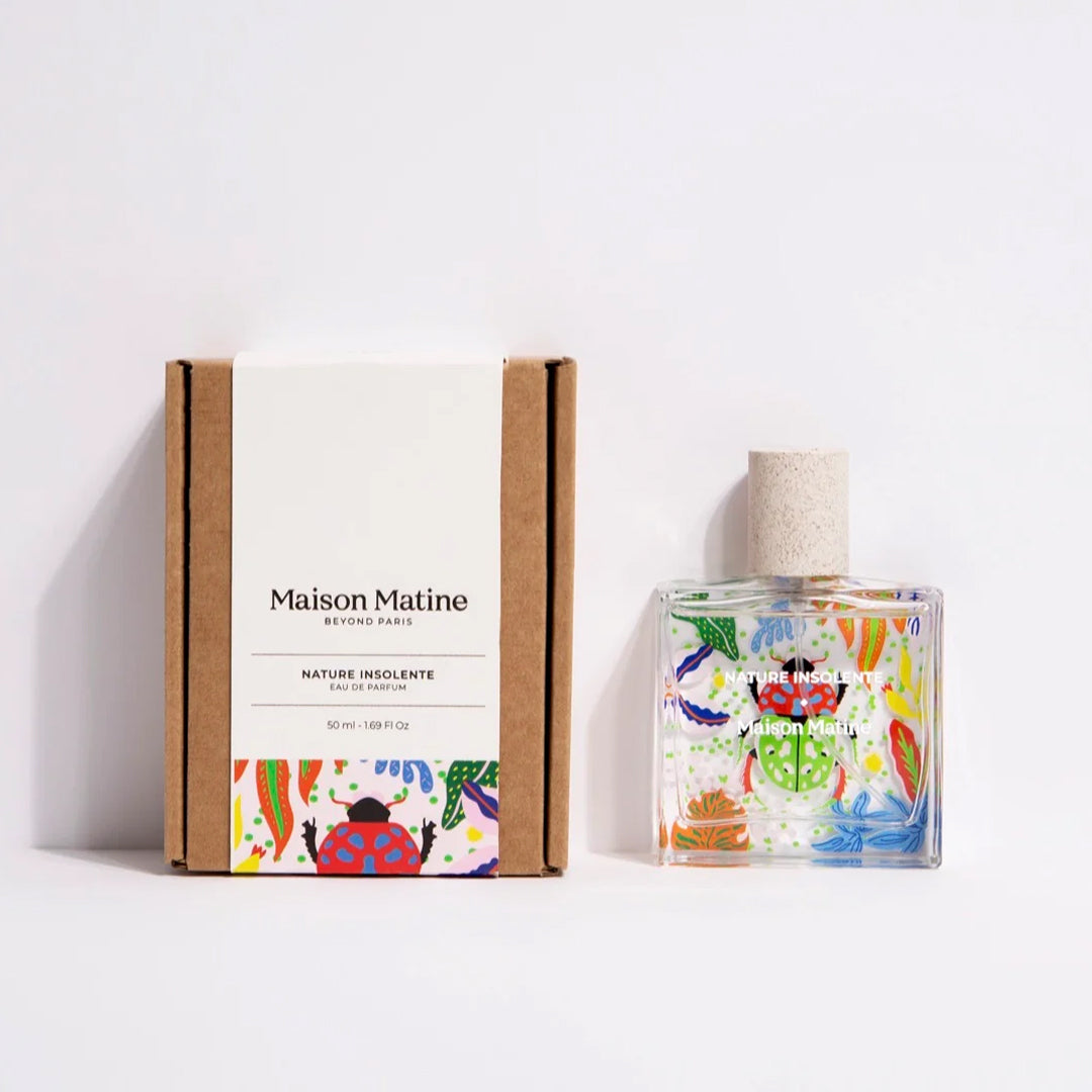 Maison Matine's 'Nature Insolente' is a scent inspired by nature itself. It's summery and fresh with a distinct citrus and floral combination. 50ml bottle with illustration of brightly coloured beetle and leaves shown. With box.