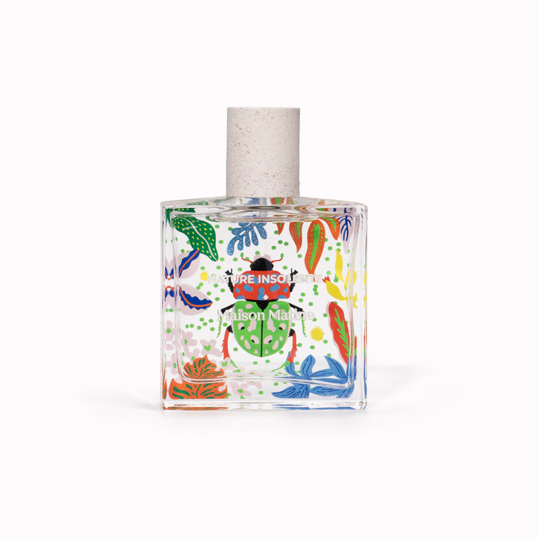 Maison Matine's 'Nature Insolente' is a scent inspired by nature itself. It's summery and fresh with a distinct citrus and floral combination. 50ml bottle with illustration of brightly coloured beetle and leaves shown.