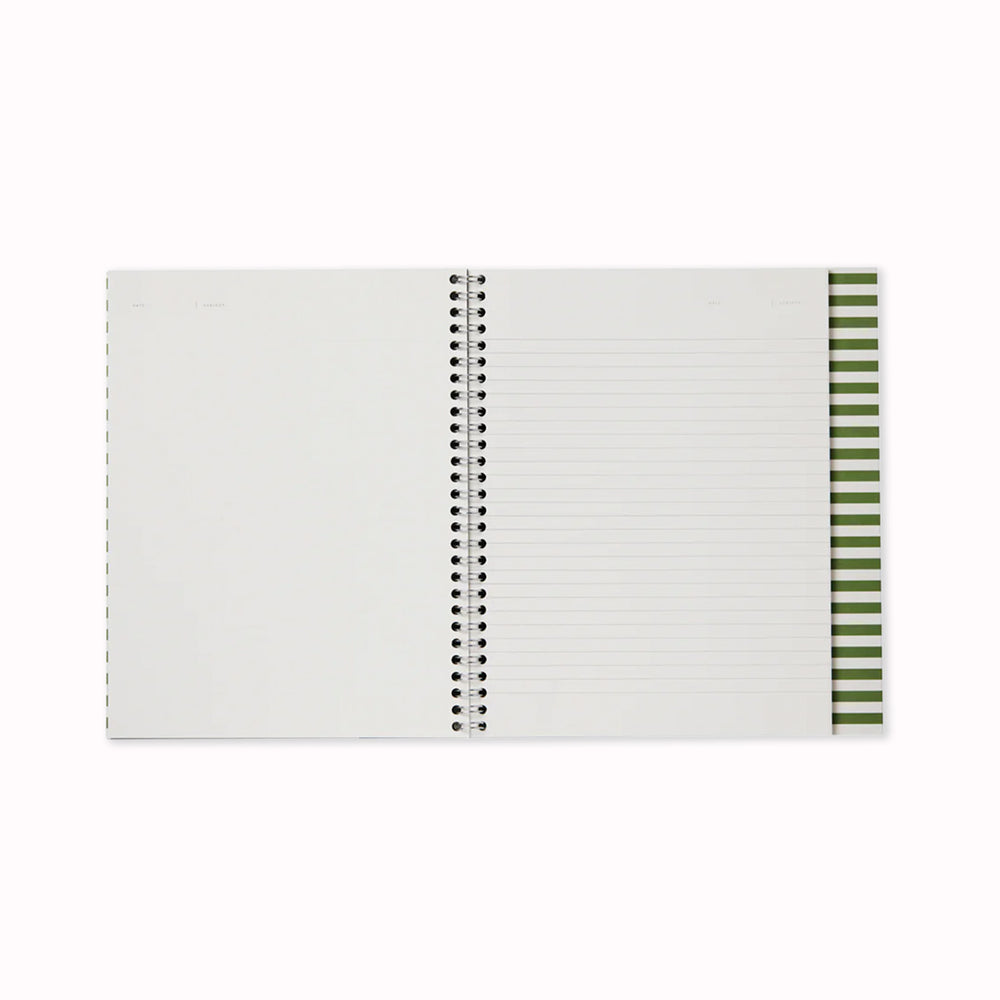 Inside spread of the Nela green notebook from Notem. It has a wirebound spine that allows it to lie flat on any surface, making it ideal for sketching, mindmapping, note-taking and doodling.