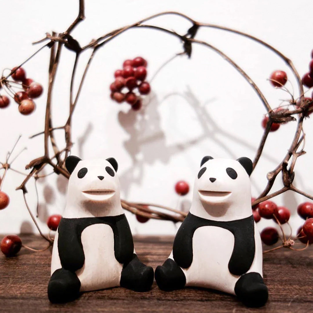 Pair of pandas - handmade, wooden animals from t-lab japan
