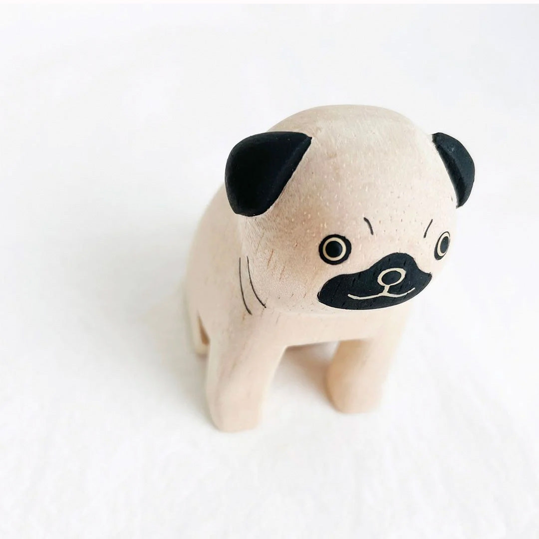 Gorgeous handmade wooden Pug detail from above from the Pole Pole collection by Japanese brand T-Lab.