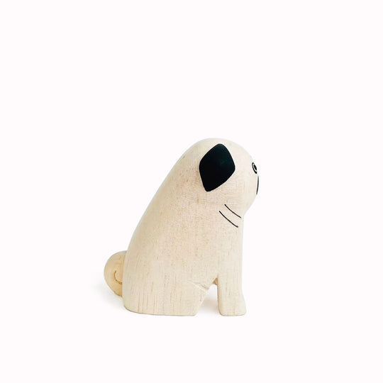 Gorgeous handmade wooden Pug sideways viewfrom the Pole Pole collection by Japanese brand T-Lab.