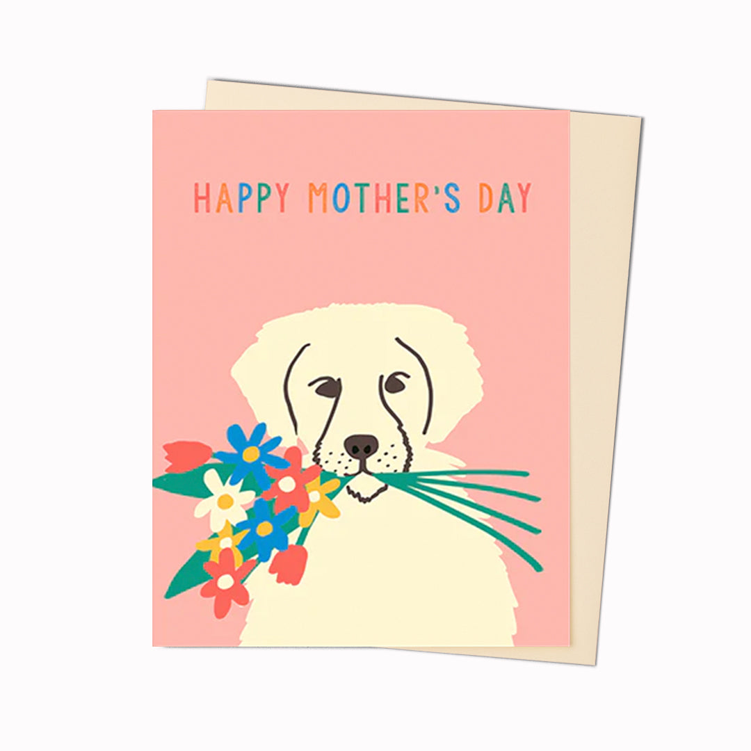 Simple and cute Mother's Day card of a pup holding a bouquet of flowers, playfully illustrated by one half of the 1973 team Emma Cooter.