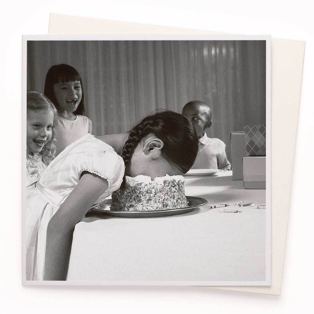 The 'Cake Face' card is part of the 1000 Words - Slice of life licensed photography collection with a focus on animal shenanigans and the ridiculous.