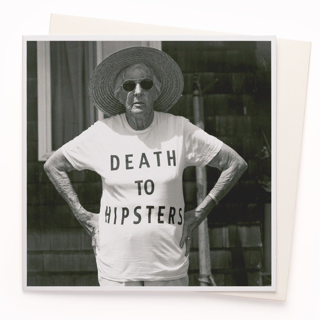 The 'Death To Hipsters' card is part of the 1000 Words - Slice of life licensed photography collection with a focus on animal shenanigans and the ridiculous.