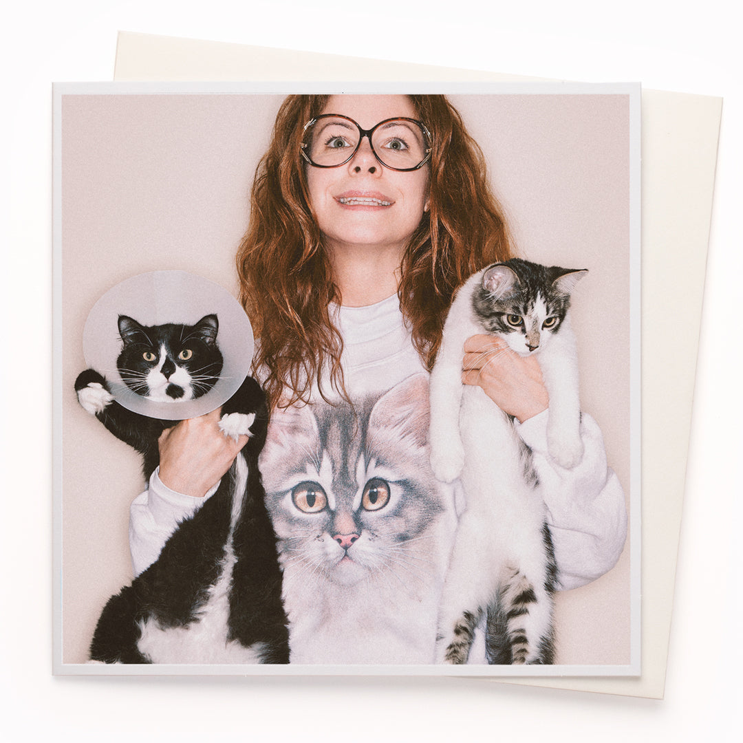 The 'Crazy Cat Lady' card is part of the 1000 Words - Slice of life licensed photography collection with a focus on animal shenanigans and the ridiculous.
