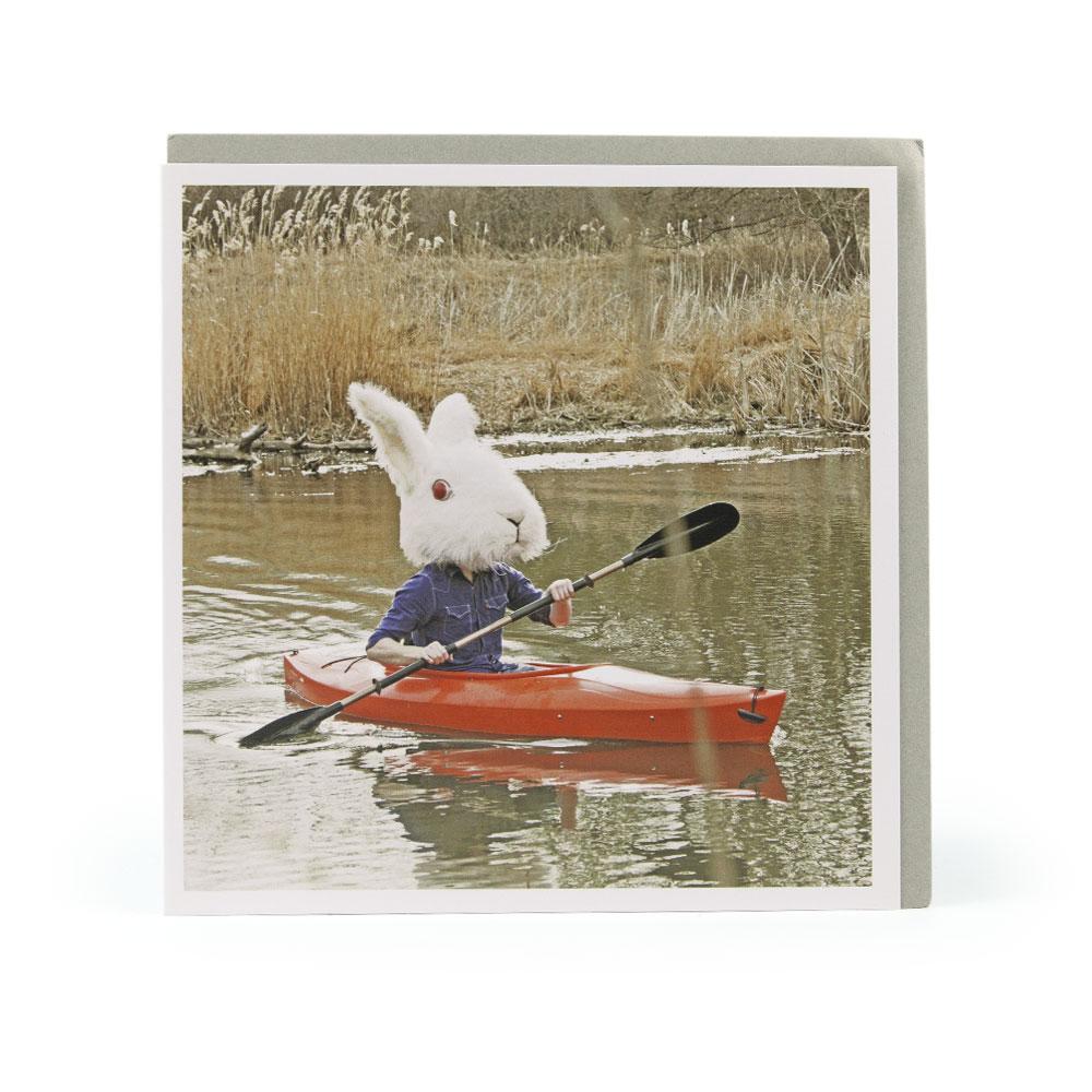 The 'Kayak Bunny' card is part of the 1000 Words - Slice of life licensed photography collection with a focus on animal shenanigans and the ridiculous.