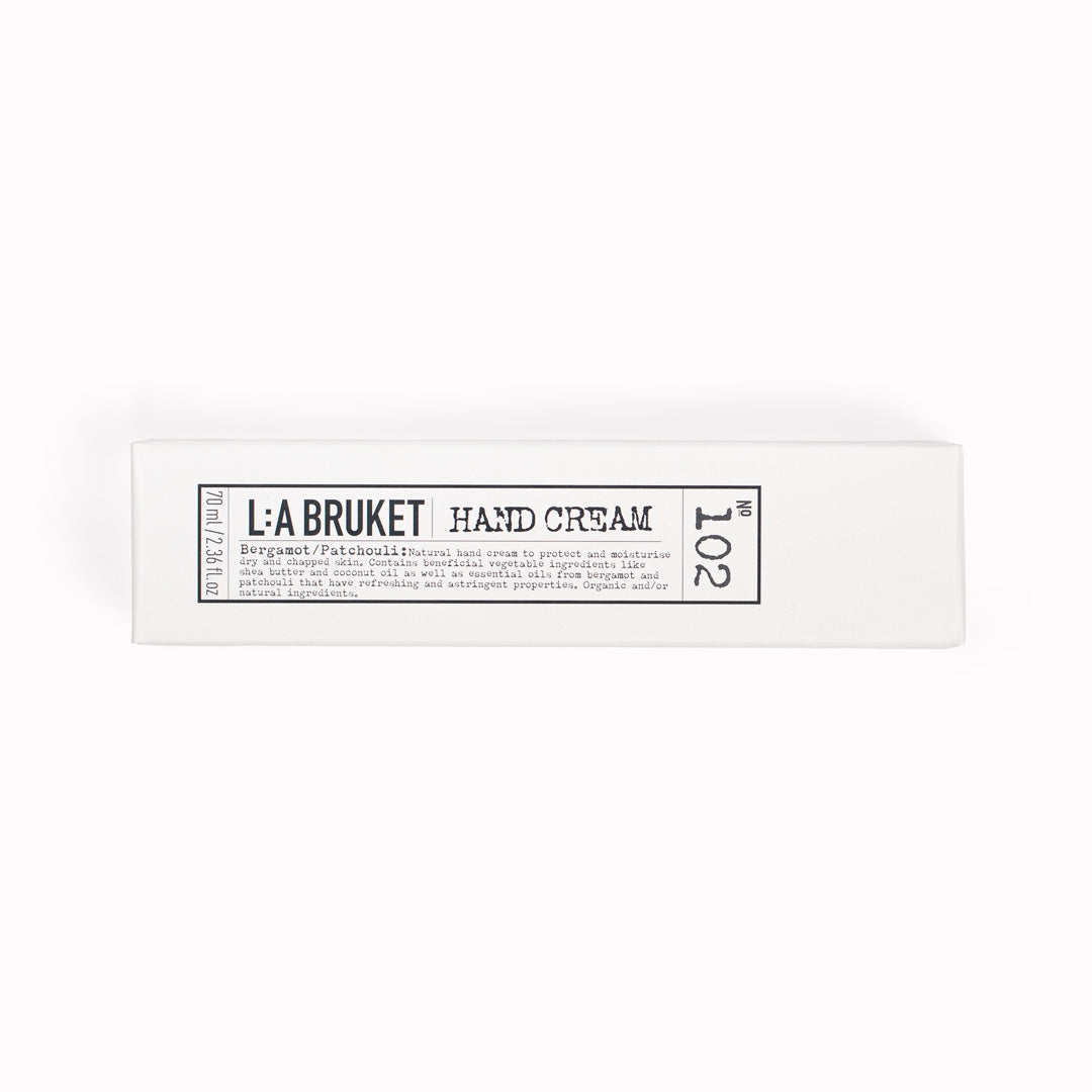 Bergamot/Patchouli Hand Cream 70ml with Box | 159 | from L:A Bruket. Bergamot/ Patchouli gives a warm, fresh, herbal and spicy scent. Relaxing, warm, woody and citrusy, the fragrance lingers after using.