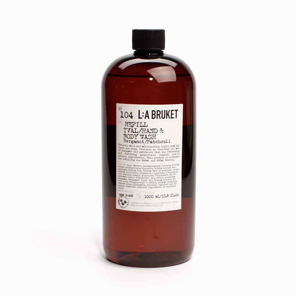 104-Bergamot-Patchouli-Hand-Body-Wash-1000ml-refill-LA-Bruket on white background