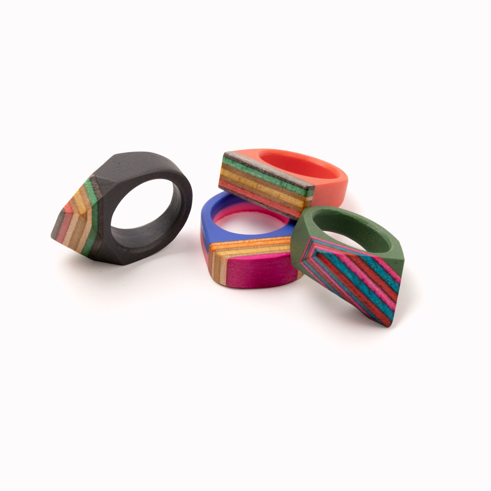 Handmade Skateboard rings by Simone Frabboni. The base of the ring is made of resin, the top of recycled skateboard decks.
