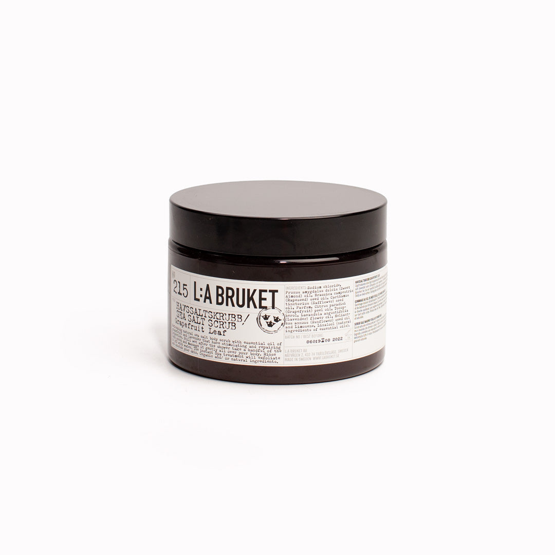 Grapefruit Leaf Sea salt Scrub from L:A Bruket. A natural sea salt scrub containing grapefruit and lavender essential oils for their refreshing and calming properties, and almond oil to moisturise. This scrub effectively removes dead skin cells, softening your skin and helping to increase circulation. Natural Swedish Self-care from L:A Bruket.