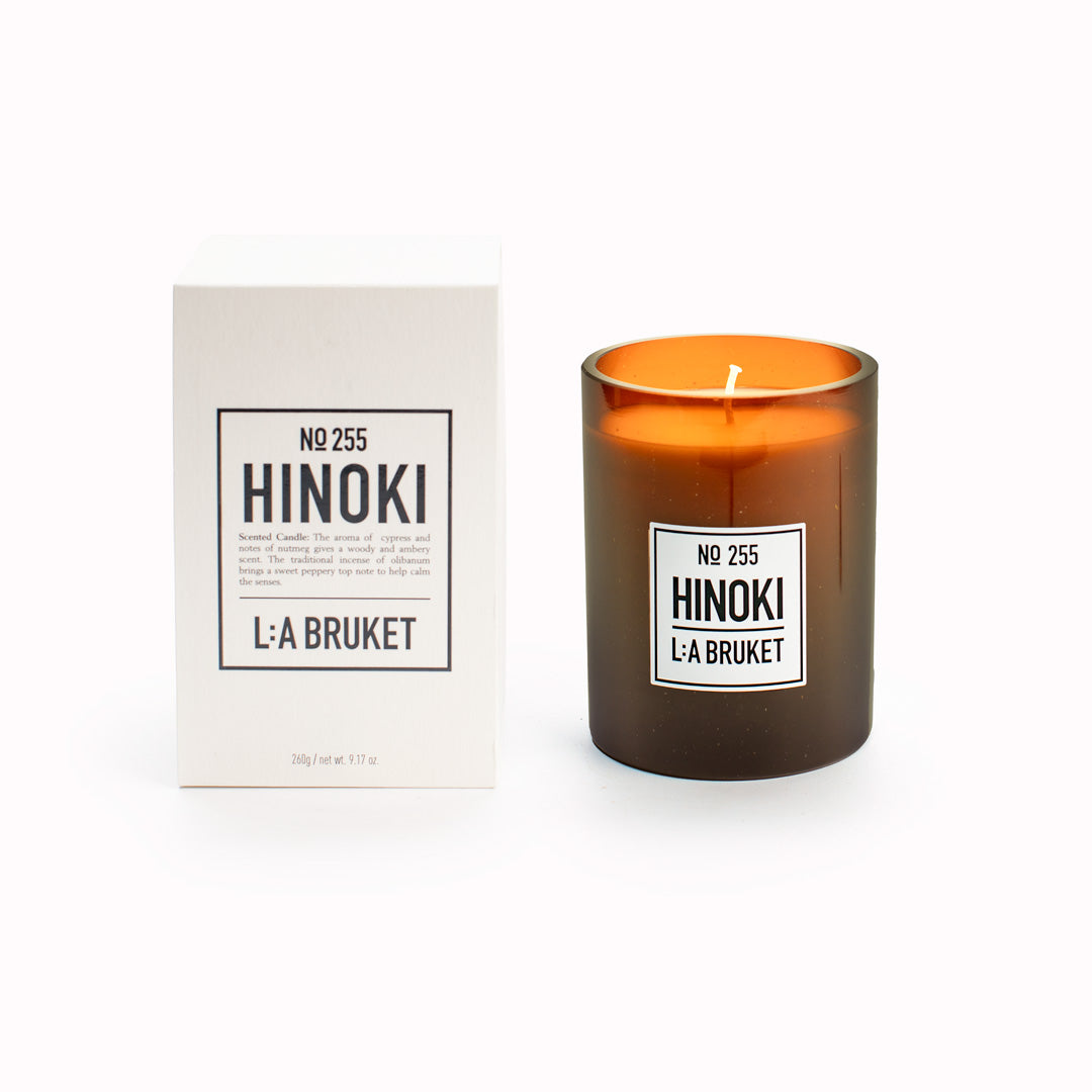Hinoki Large Refillable Scented Candle with box from L:A Bruket. The Hinoki scent is a woody outdoor fragrance of Japanese cypress, cedarwood and nutmeg.