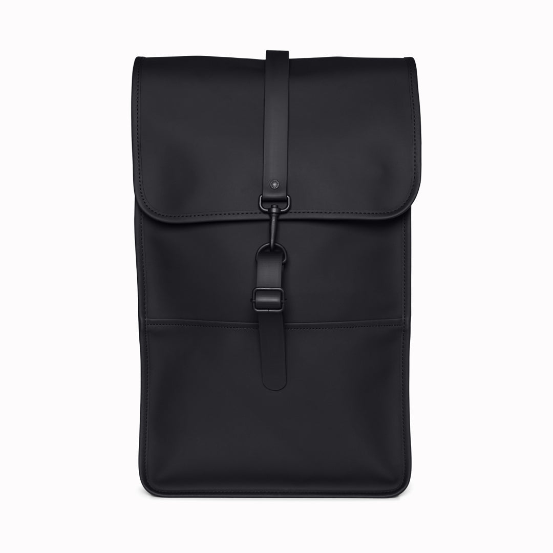 Black Rucksack Front from Rains | Neo-Scandinavian Outerwear Lifestyle Brand. Conceptual and Functional 