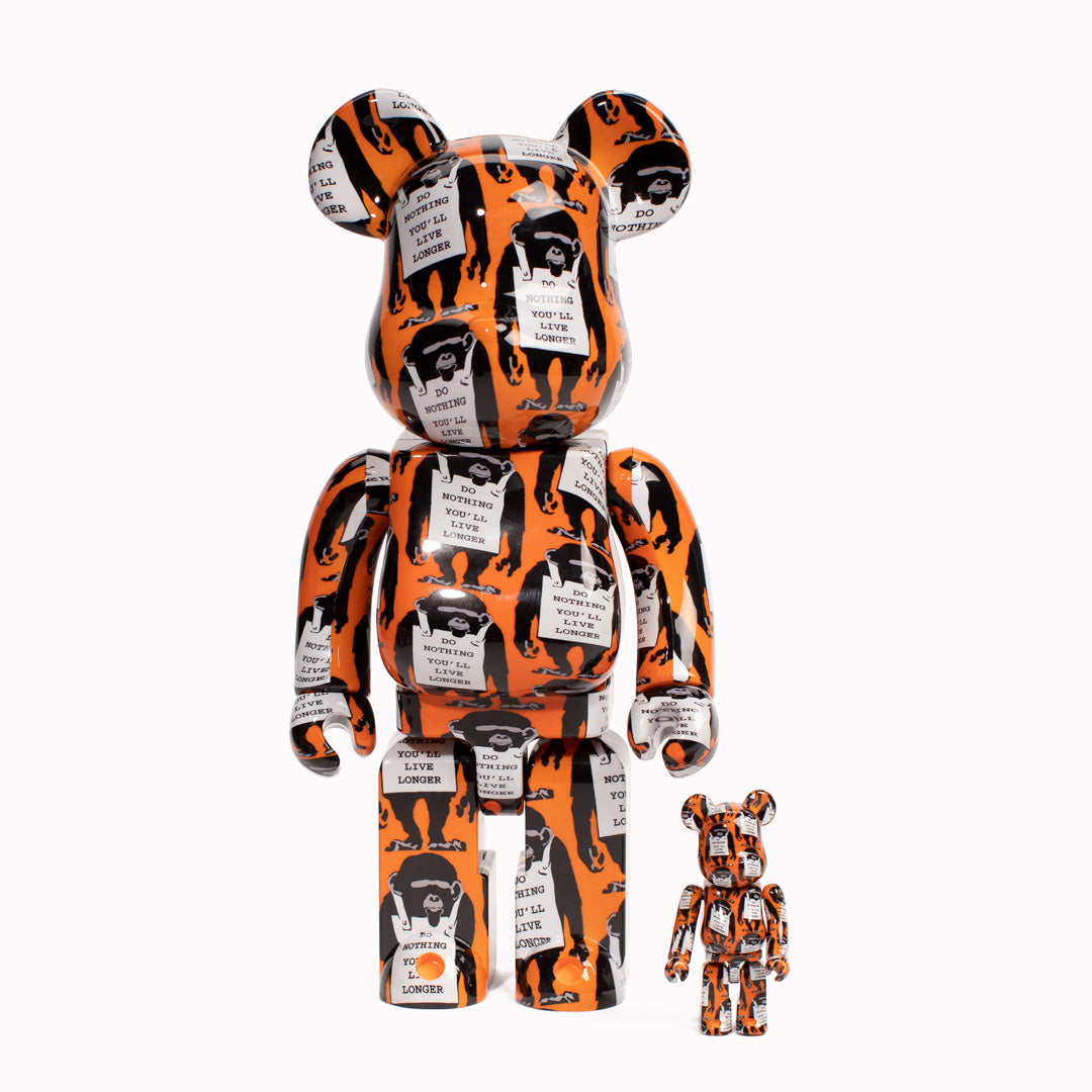 Bearbrick 400% and 100% with Monkey Sign stencil art by Banksy. From the Designer Art Toy Collection from Medicom