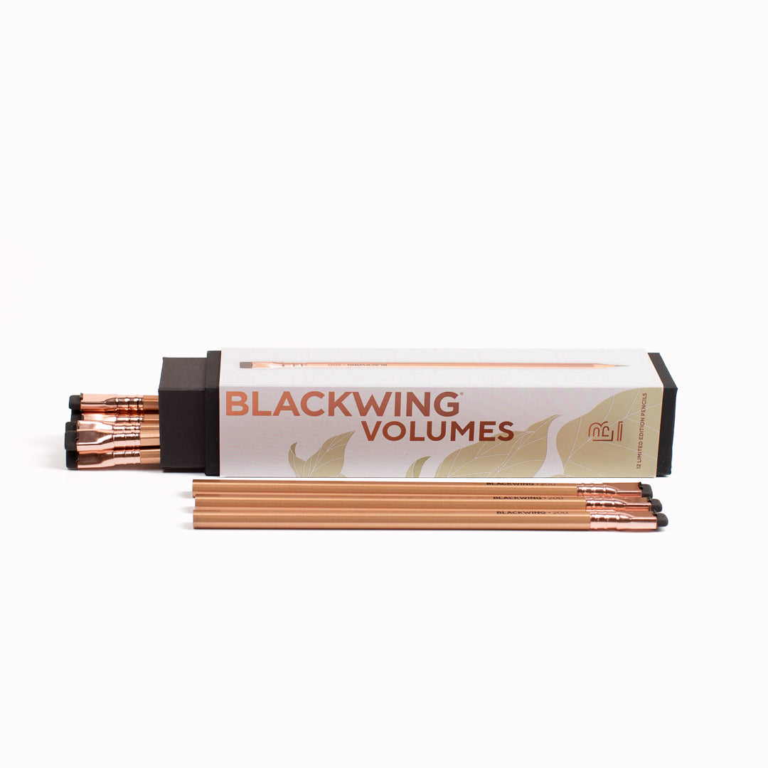 A box of Blackwing Vol. 200 pencil featuring a metallic copper design inspired by classic copper coffee roasting machines which is a tribute to the coffeehouses of the Beat Generation in NY