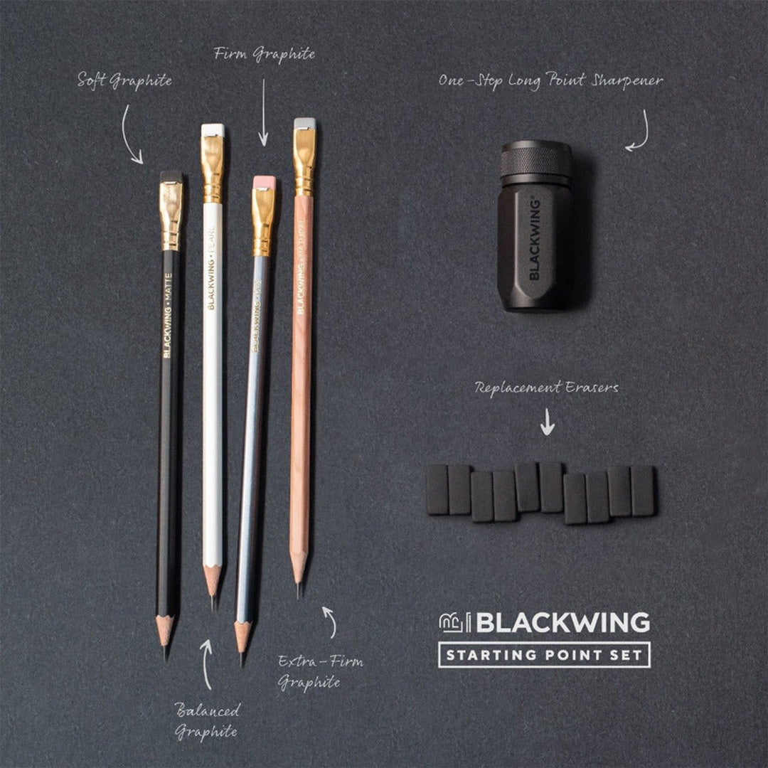 Blackwing Starting Set which includes 4 pencils of varying hardness, a sharpener and spare erasers for the pencil ends.  Contents Detail