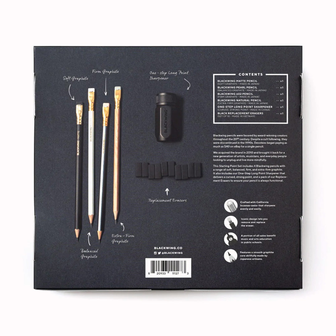 Rear of box for Blackwing Starting Set which includes 4 pencils of varying hardness, a sharpener and spare erasers for the pencil ends.