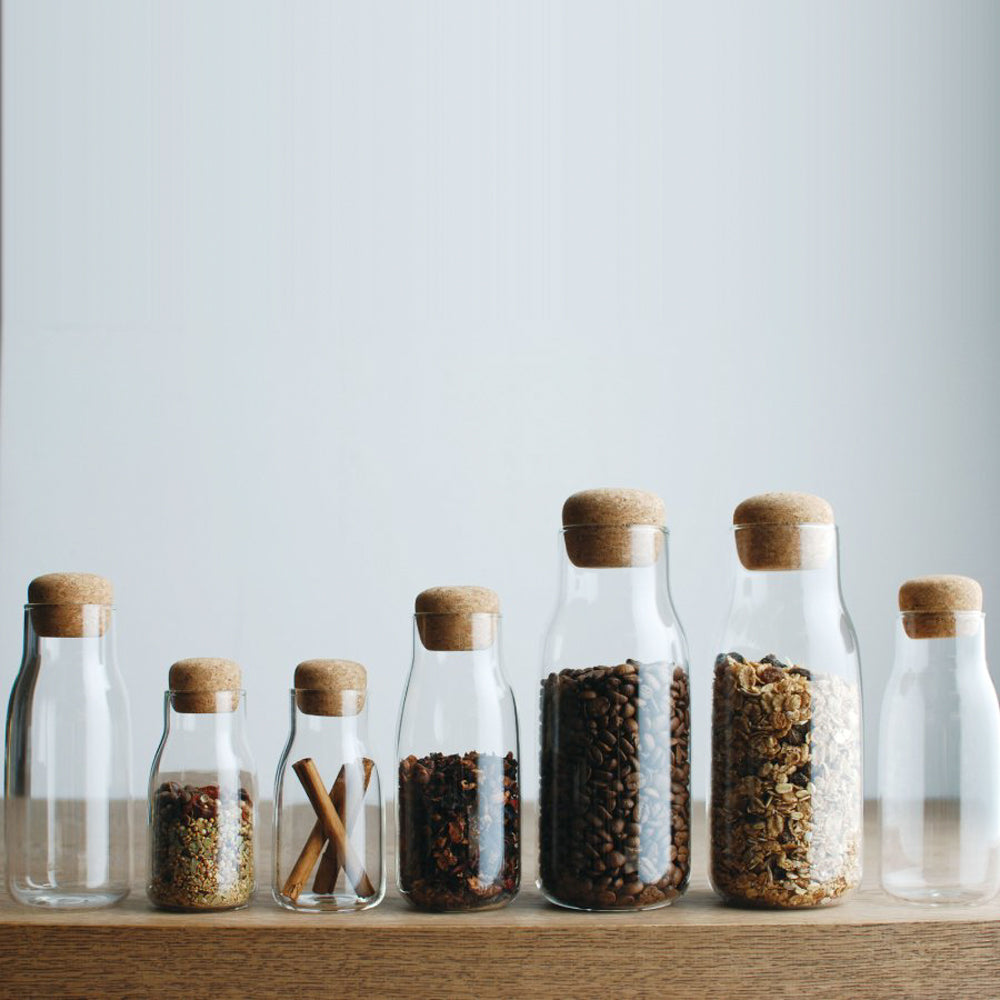Collection of Bottlit, heat resistant glass canister with cork stopper, suitable for storing kitchen pantry essentials such as coffee beans from Kinto - Japanese Tableware
