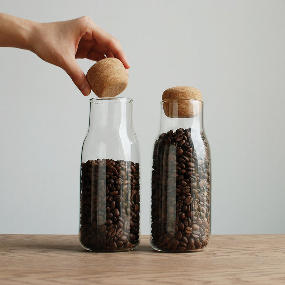 Collection of Bottlit, heat resistant glass canister with cork stopper, suitable for storing kitchen pantry essentials such as coffee beans from Kinto - Japanese Tableware