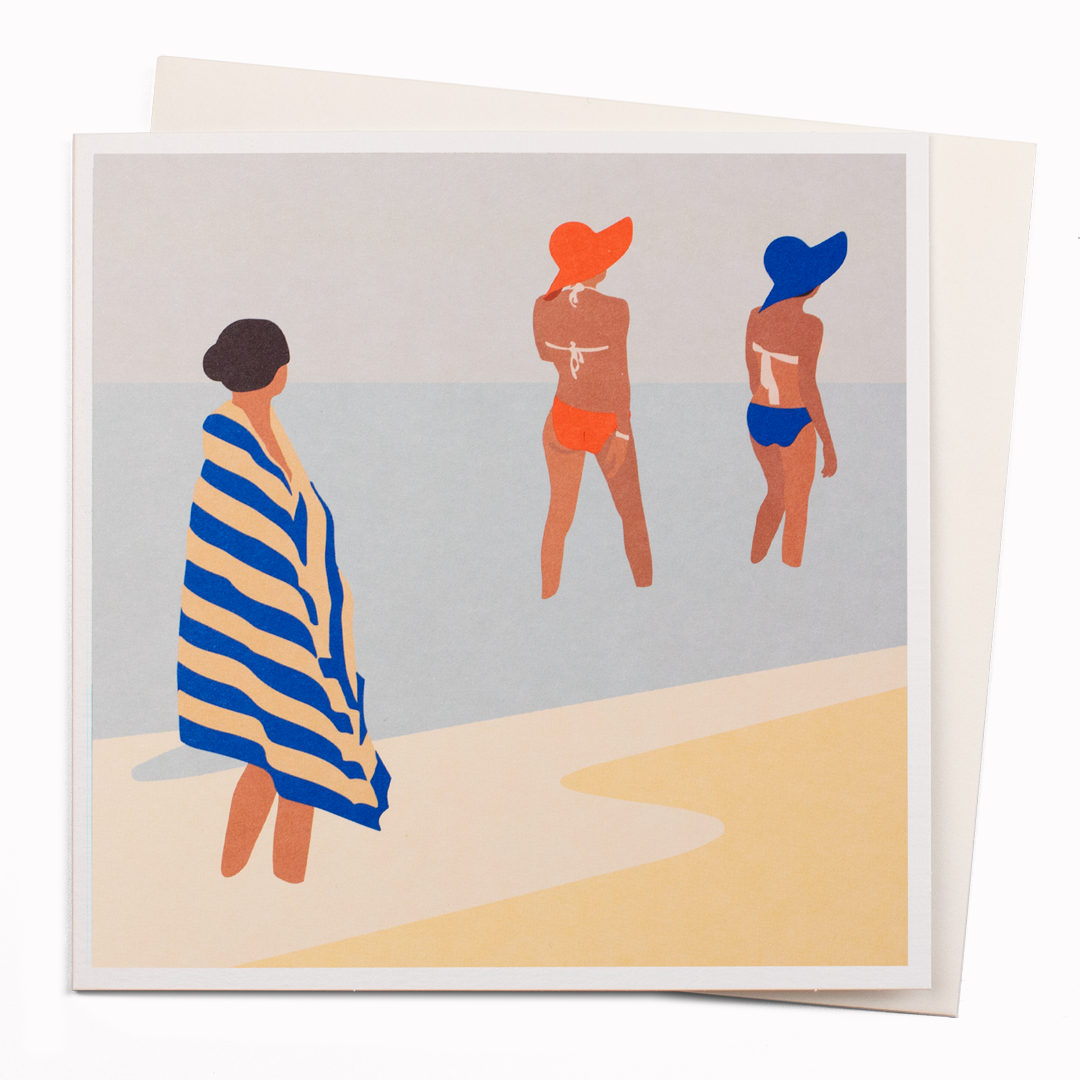 Drying Off, A contemporary illustrated greeting card of a summery beach scene by Camila Pinheiro. Sun soaked and super bright Camila Pinheiro is a Brazilian artist based in São Paulo.