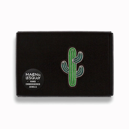 For spiky people! A Cactus hand-embroidered lapel pin, green and gorgeous in a presentation box From Macon & Lesquoy, French Hand Embroidered badges and patches using Cannetille thread.